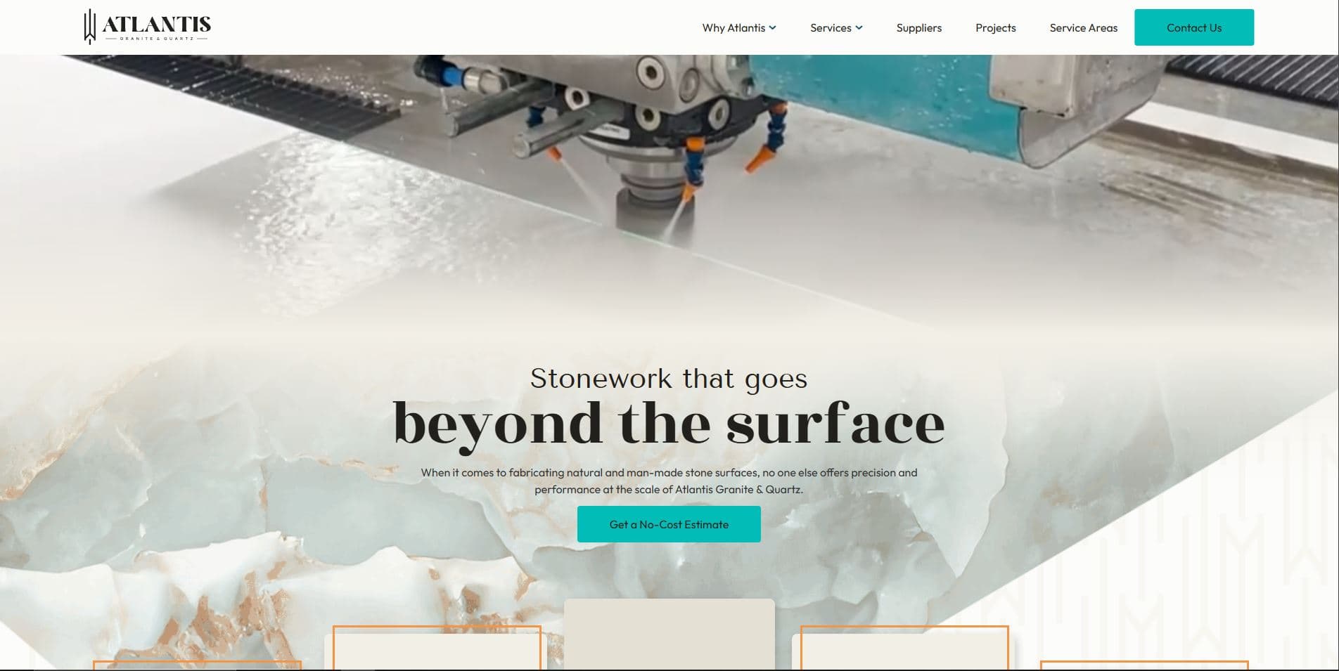 A screenshot of the Atlantis Granite & Quartz Homepage