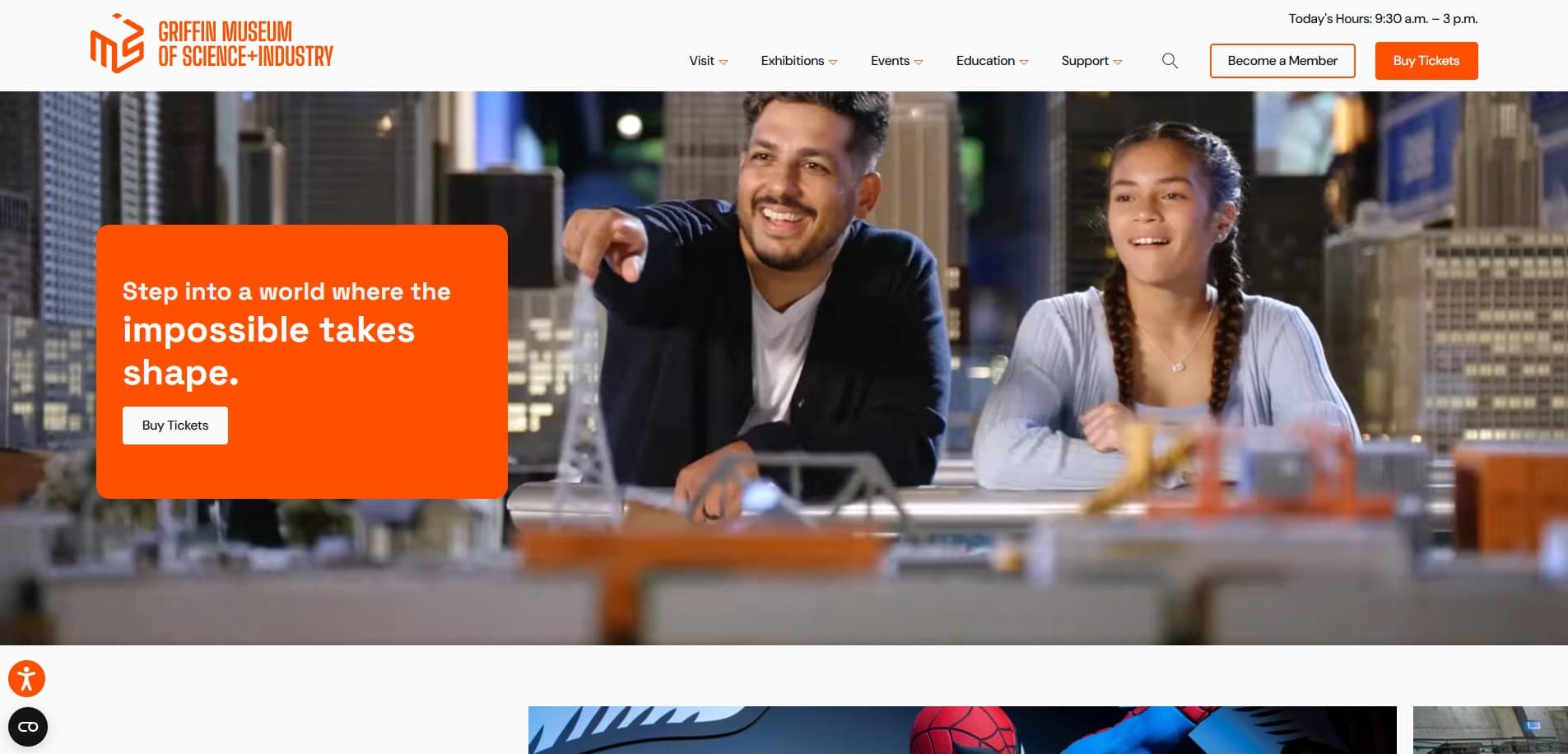 A screenshot of the Griffin Museum of Science and Industry Homepage