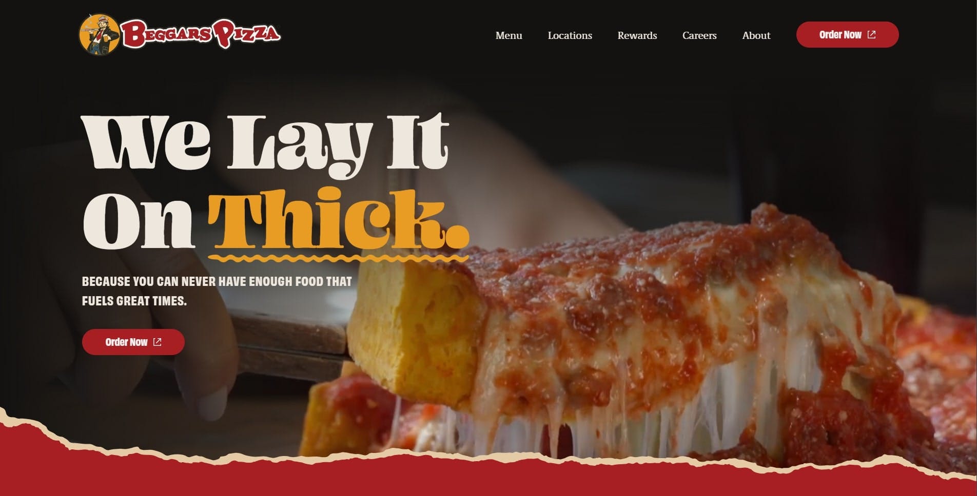 A screenshot of the Beggars Pizza Homepage